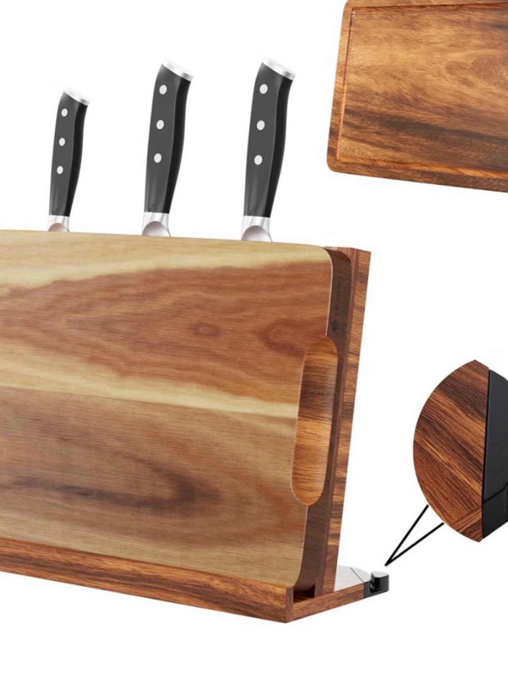 3 in 1 Wood Finish Magnetic Knife Block & Cutting Board Set, knife sharpener